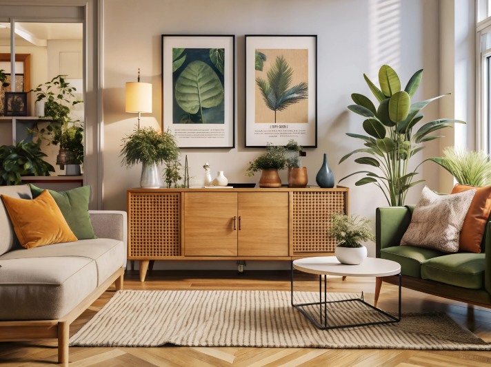 Stylish living room with warm earthy decor