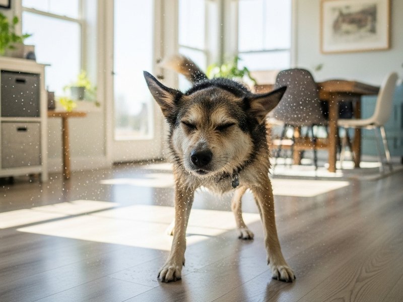 Dog shaking off water on a waterproof vinyl floor in a bright dining room