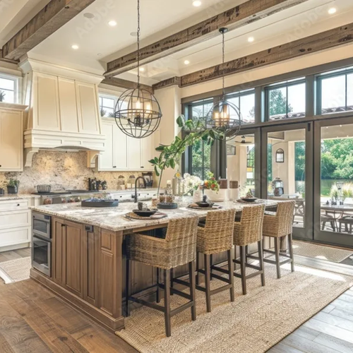 Light farmhouse style kitchen with wood floors by Geneva Flooring