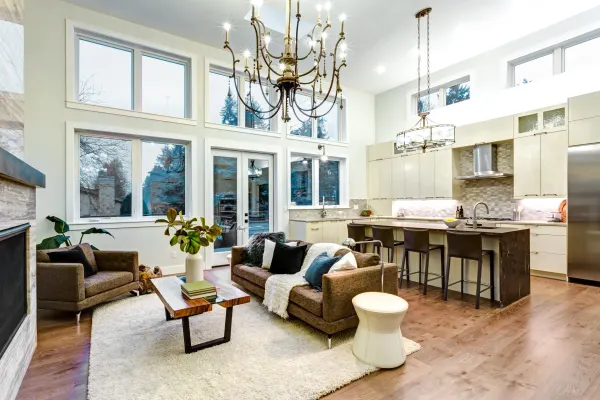 Traditional family room in California home with hardwood floors
