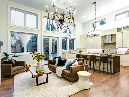 Traditional family room in California home with hardwood floors
