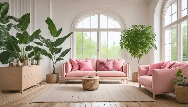 Bright living room with pink sofas and wood flooring