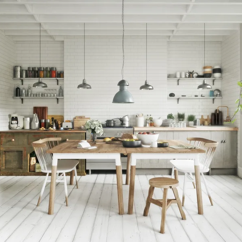 Retro inspired kitchen with light wood floors