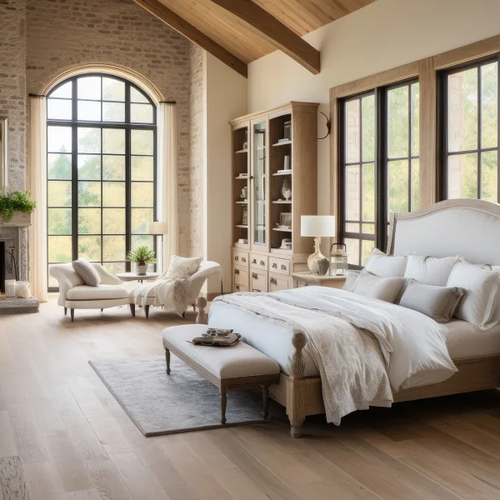 Classic farmhouse bedroom with wood floors