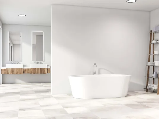 White LVT floors in a bright modern bathroom
