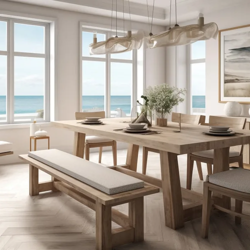Herringbone pattern flooring in a waterfront California home