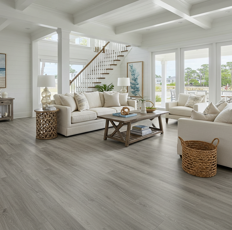 Coastal Living Room with vinyl flooring