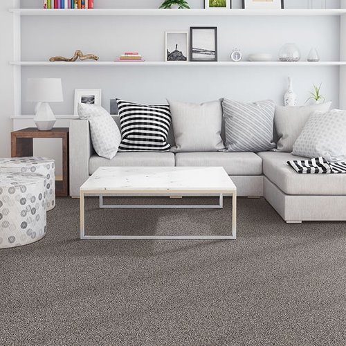 Minimalist home with white sofa and grey carpet flooring