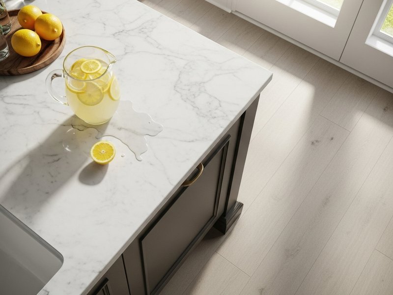 Marble Kitchen Counter island with a spilled pitcher of lemonade and waterproof LVP floors