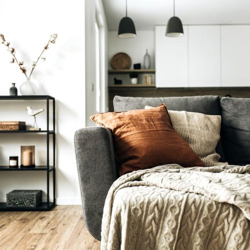 Rustic wood floors in a stylish living room