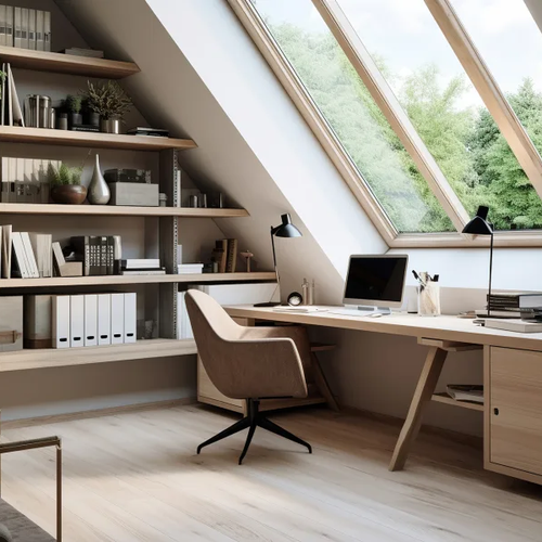 Cozy office with sky light and wood flooring