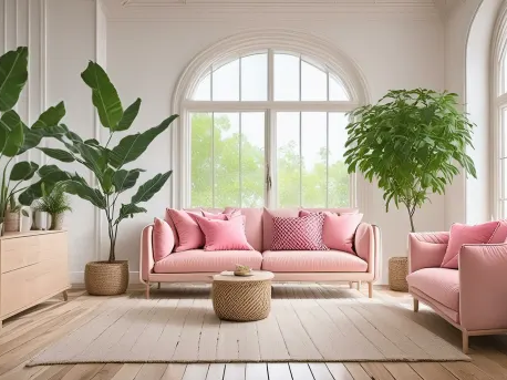 Bright living room with pink sofas and wood flooring