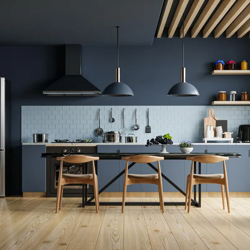 Modern kitchen with light wood floors