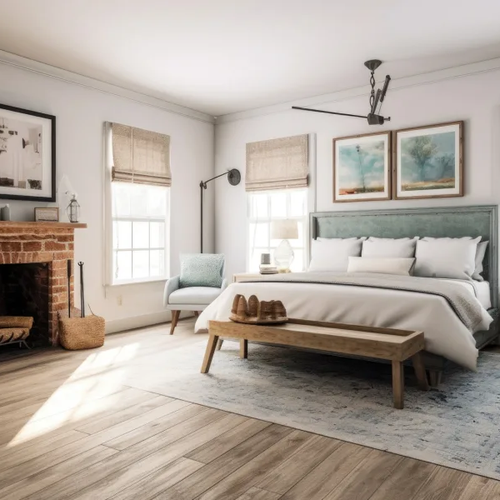 Rustic flooring in a coastal bedroom