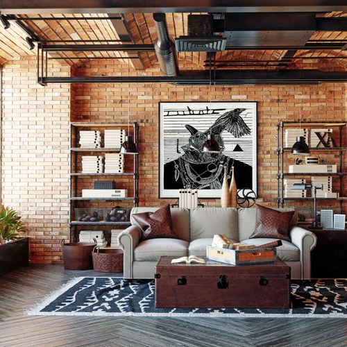 Living room in a bright apartment with heritage wood flooring