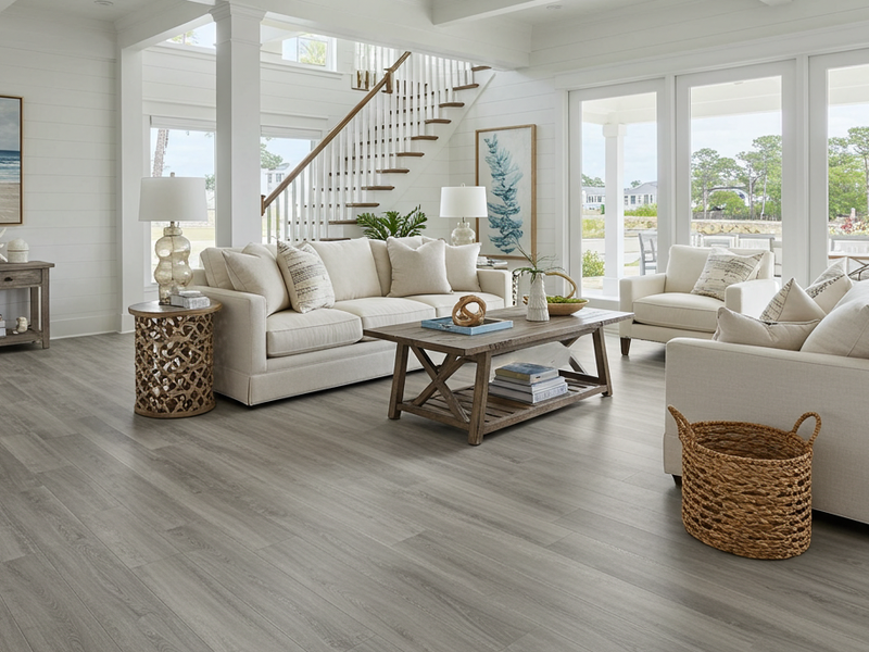 Coastal Living Room with vinyl flooring