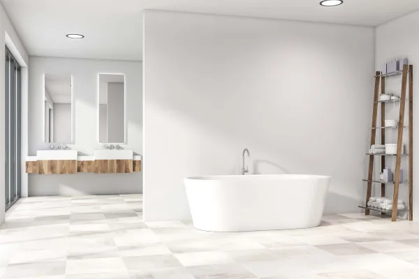 White LVT floors in a bright modern bathroom