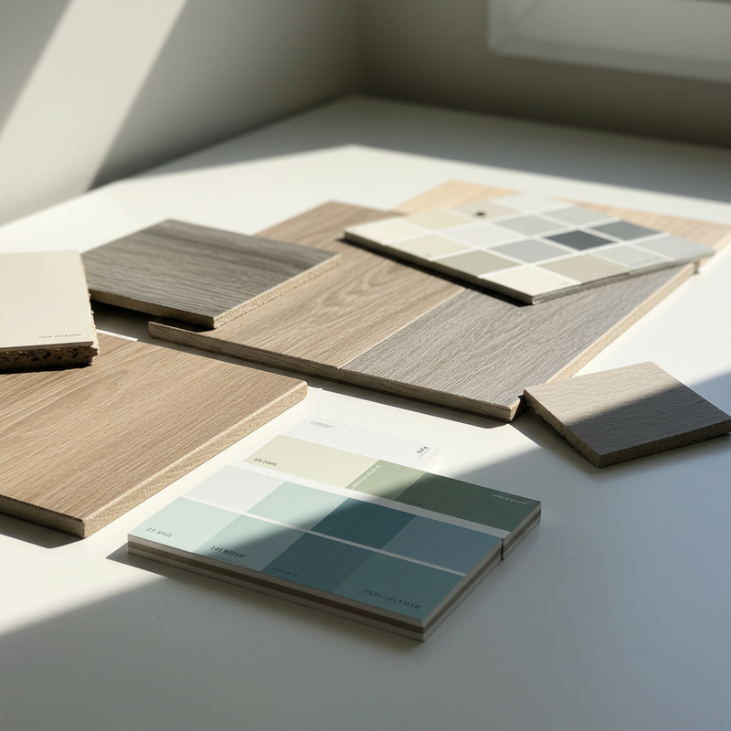 Flooring and paint samples on a flat surface