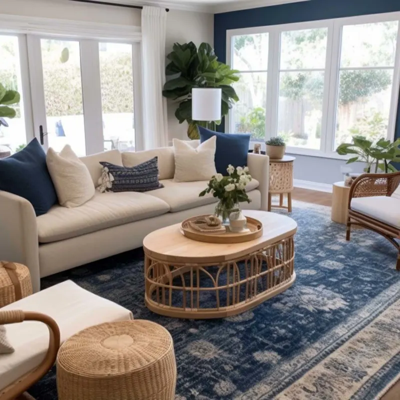 Cozy living room with a blue area rug and white sofa in San Diego