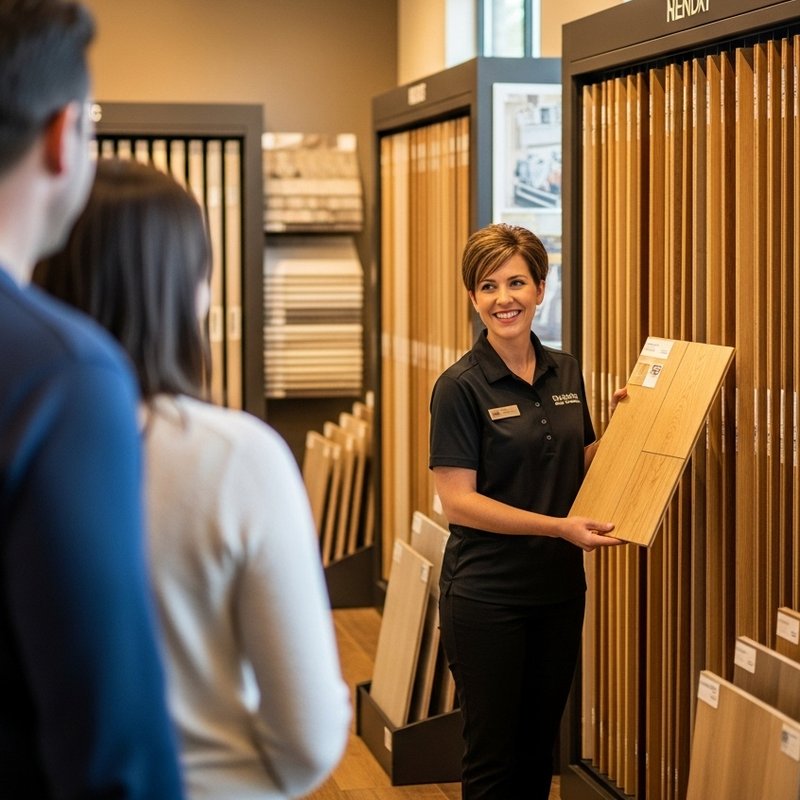 Flooring showroom staff member showing hardwood sample to customers